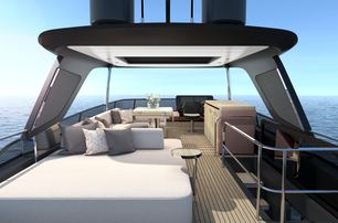 Cranchi Sessantadue 62 flybridger render image looking forward, radar canopy with banquette seating underneath