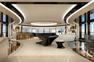 Rendering of Superyacht Kismet saloon with grand piano