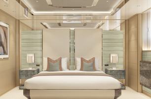 rendering of a bed with white linen in a double cabin with cream decor on board the Amels 60 yacht