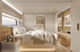 Custom Line Navetta 35 motor yacht master cabin with large window 