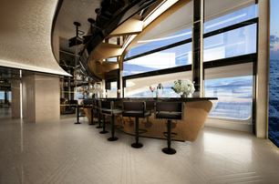 Lurssen yacht KISMET bar area with sweeping ceiling feature, large windows