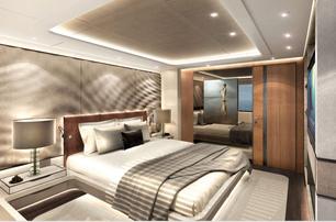 Side view of Damen SeaXplorer 55 yacht VIP cabin, with large central bed, illuminated ceiling and grey furnishings