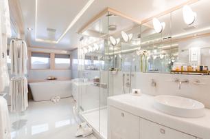 Motor yacht G3 master en suite with white interiors 