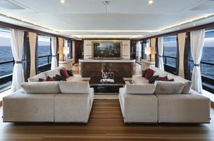 The main saloon on board the Overmarine luxury yacht EL LEON.