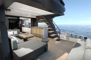 Cranchi  Sessantasette 67 Corsa render image showing aft deck leading to main salon and steps on starboard side leading up