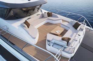 Rendering of Princess X90 motor yacht forward seating area with grey Ushaped seating 