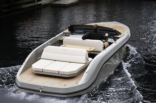 Rand Boats Spirit 25 running shot shown over aft deck and forward along starboard side, making way, smooth sea