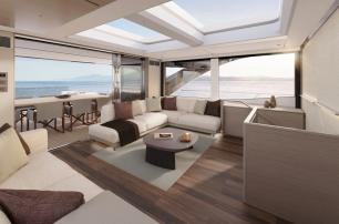 Rendering of Princess X90 motor yacht skylounge with L-shaped white sofa 