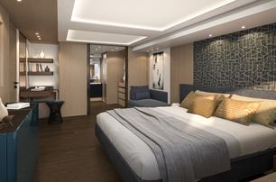 Prestige M8 Evo catamaran master cabin with walk in wardrobe 