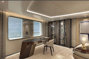 Rear view of office desk and chair facing a window in Damen SeaXplorer 55 yacht master cabin