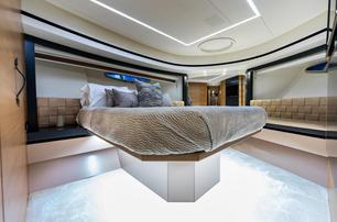 Pershing motor yacht Cersei guest cabin with raised bed 
