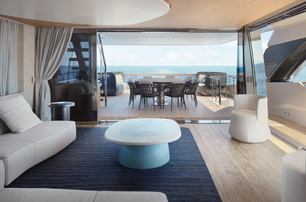 Sanlorenzo SD118 saloon looking aft to outdoor dining zone