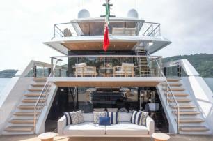 Sanlorenzo motor yacht Tolemai stern view of decks 