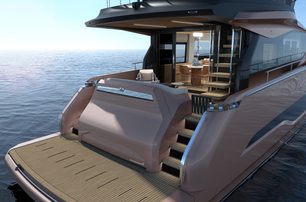 Cranchi Sessantadue 62 render image of closed aft deck taken over starboard quarter