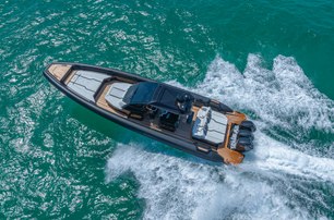 Technohull Alpha 50 boat underway aerial view 