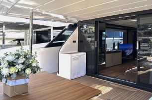 Ferretti motor yacht Lady Aga aft deck and saloon 