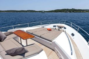 Princess motor yacht Mira foredeck with seating and sun pads 