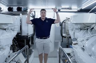 Fleming 85 engine room headroom and wide access between twin MAN V12 engines