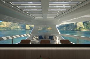 Ferretti Yachts  INFYNITO 80 yacht bow sheltered salon area, open to sides with canopy, looking forward to bow