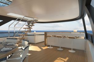 Rendering of covered seating and bar on deck of Benetti Motopanfilo 