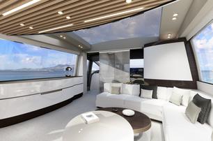 The contemporary interior of an Azimut yacht for sale