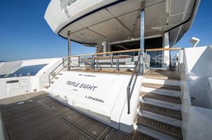 Sunseeker motor yacht Triple Eight beach club with twin stairs 