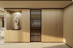 Extra X145 Global motor yacht interior with wood paneling, slatted screen, and sculptural artwork niche.