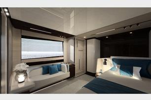 A digital rendering of a stateroom on board an Azimut Grande S10 superyacht