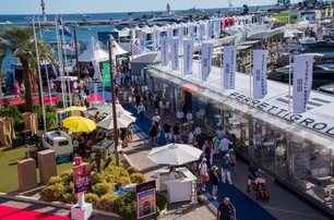 aerial view over red carpet, people and stalls at Cannes