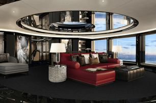 Rendering of Superyacht Kismet salon with red L-shaped sofa and ceiling mirror fixture