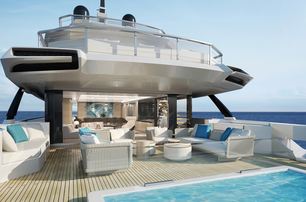 Baglietto yacht range DOM133 aft deck with pool and freestanding outdoor seating 