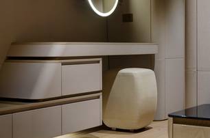 Alia Superyacht Ximena master cabin vanity area with circular lit up mirror 