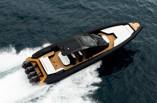 Technohull Alpha 45 boat underway aerial view 