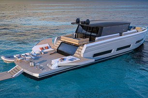 Pardo GT75 render image mid aeria shot over starboard quarter deck with side wings fully open to extend beach club waterside area, bathing steps lowered into water