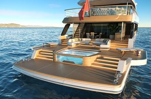 Sirena 42M/01 motor yacht at anchor view of beach club 
