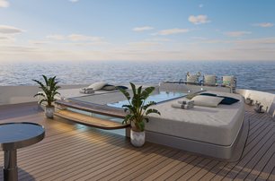 Columbus Atlantique 43M upper deck sky deck shot with sun pads and pool