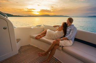 family enjoying motor boat