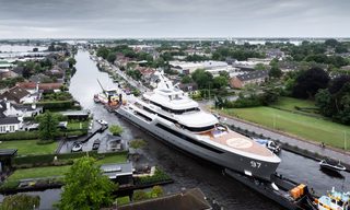 Watch Valor Depart Aalsmeer as the Feadship 80m Explorer Yacht Prepares for Sea Trials