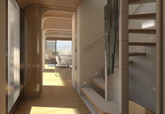 Rendering of interior of Benetti Motopanfilo showing staircase and view to salon