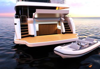 A graphic rendering of a swim platform on the aft of a Johnson yacht for sale