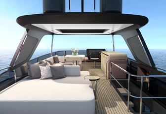 Cranchi Sessantadue 62 flybridger render image looking forward, radar canopy with banquette seating underneath