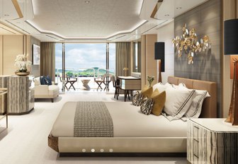 rendering of a double bed with white linen in a master suite with cream decor and a drop-down swim platform forming a private terrace on board the Amels 60 yacht