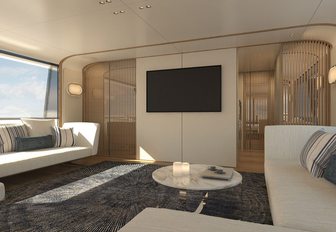 Rendering of interior of Benetti Motopanfilo showing large sofas and tv screen