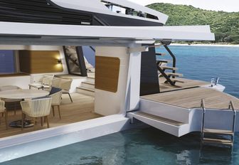 Mangusta Oceano 39 shot from water level looking towards beach club waterside aft deck area with side wing balconies extended