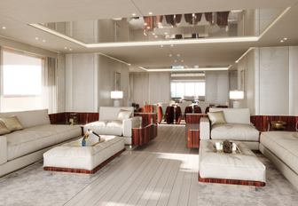 Overview of interior layouts onboard motor yacht ASANI, with white sofas and mirrored ceiling