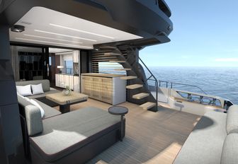 Cranchi  Sessantasette 67 Corsa render image showing aft deck leading to main salon and steps on starboard side leading up