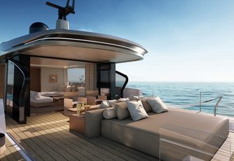 Azimut Seadeck 7 upper deck aft shot showing sun pads and seating, approaching sunset