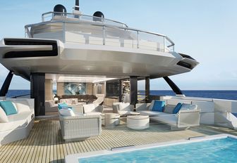 Baglietto yacht range DOM133 aft deck with pool and freestanding outdoor seating 