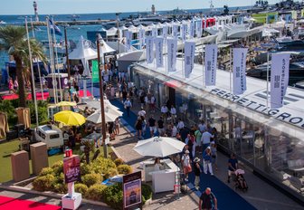 aerial view over red carpet, people and stalls at Cannes