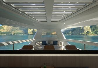 Ferretti Yachts  INFYNITO 80 yacht bow sheltered salon area, open to sides with canopy, looking forward to bow